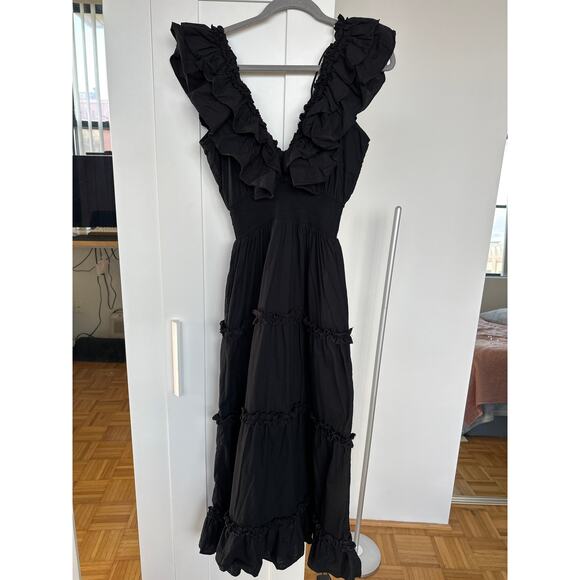 Love the Label Black Black Poplin Ruffled Tiered Deep-V Maxi Dress, Size S, NWOT - Picture 2 of 10